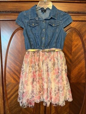 lilt Denim-Style Blue Top with Floral Pink Layered Skirt and Gold Belt Dress